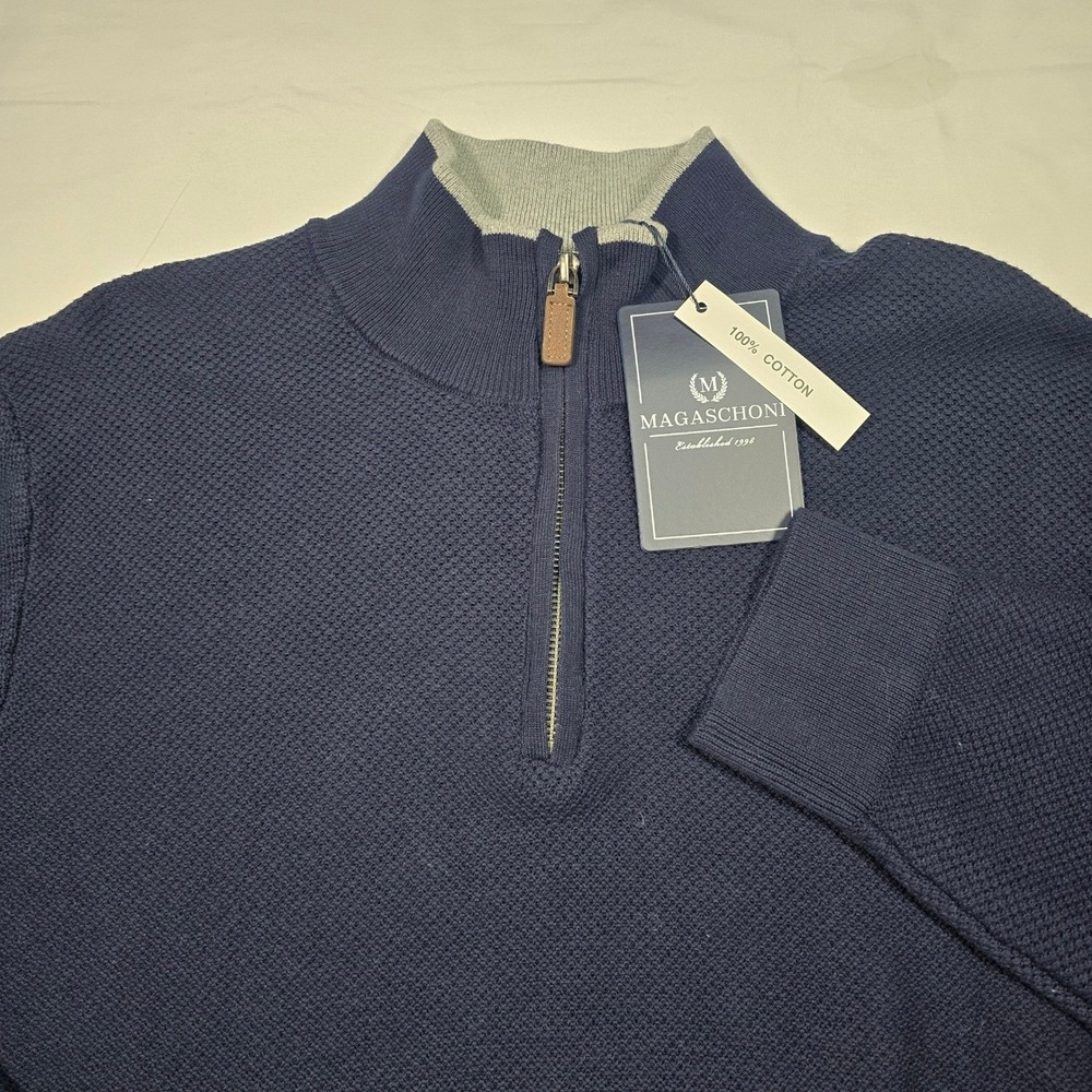 Magaschoni Mens XL Quarter Zip knit Pullover Sweater Navy Blue 100% Cotton